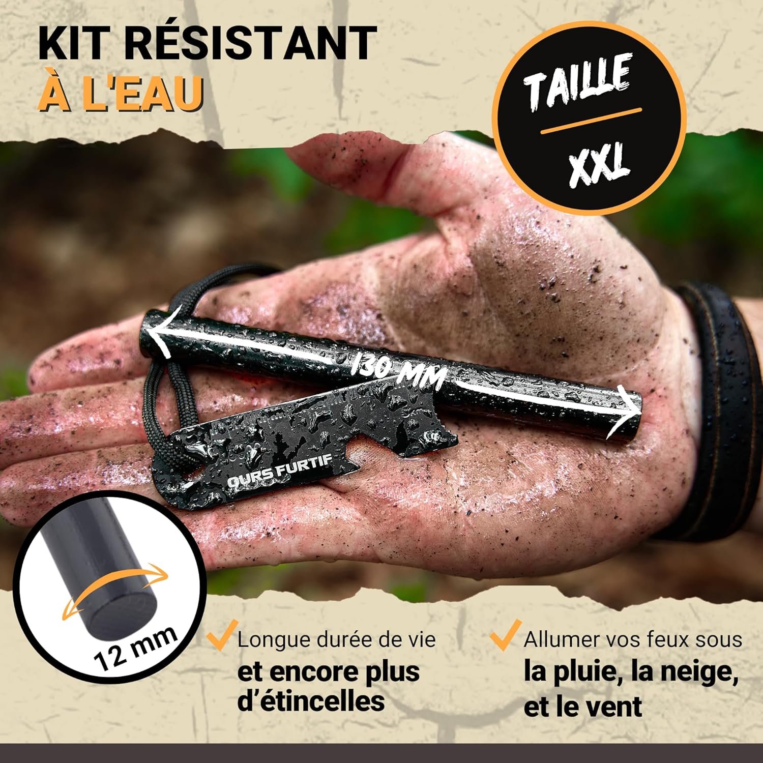Kit Firesteel XXL - Pierre à Feu de Survie - Barre Magnésium Tendre de qualité 12mm - 20 000 utilisations - Amadou Inclus + Paracorde + Pochette - Accessoire Camping, Bushcraft, Randonnée – Image 4