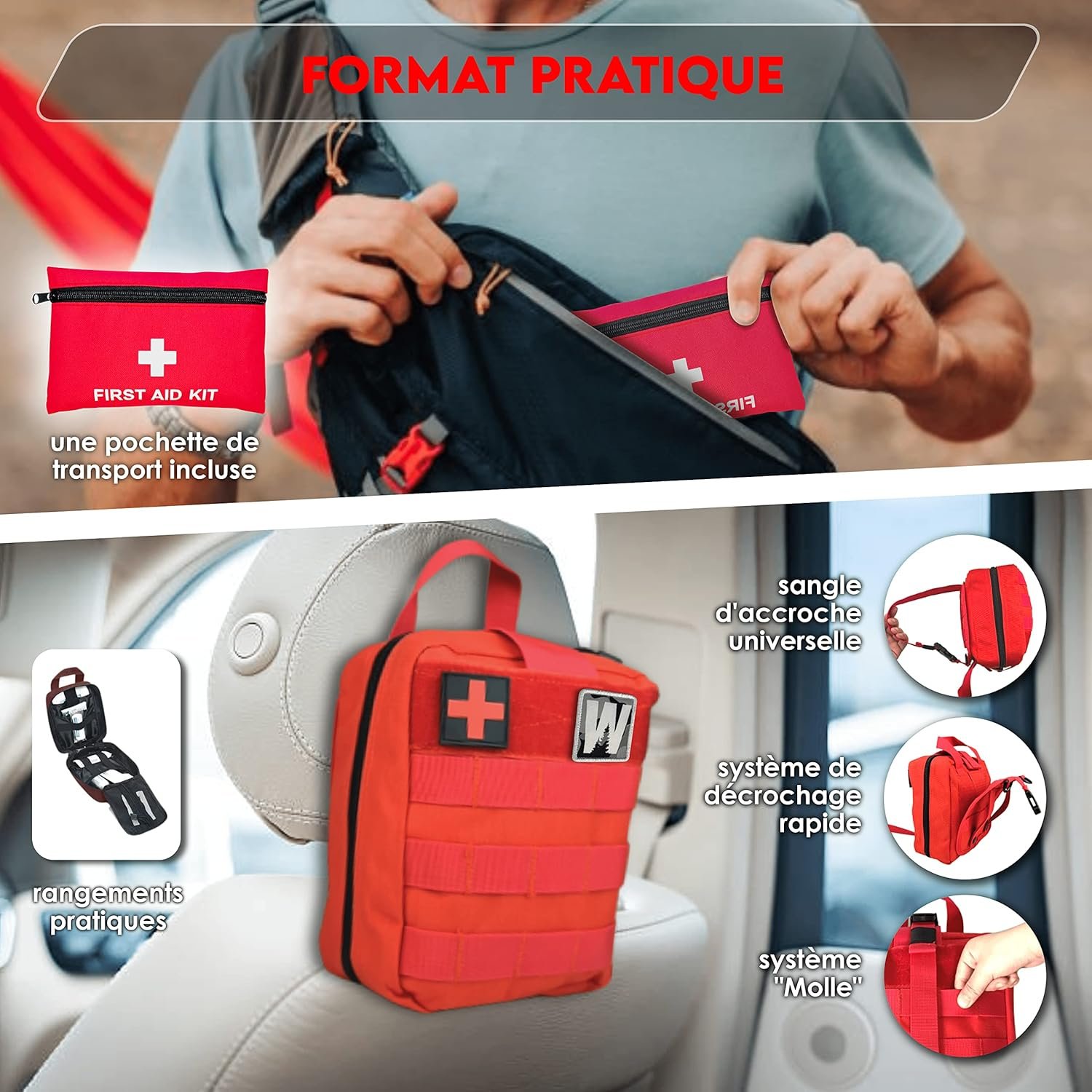 WONCROW | Trousse de Secours Complete + Matériel Inédit - Pharmacie de Voyage Randonnée Camping Voiture - Equipement Militaire Kit de Survie Couverture de Survie Aspire Venin Garot Tourniquet – Image 5