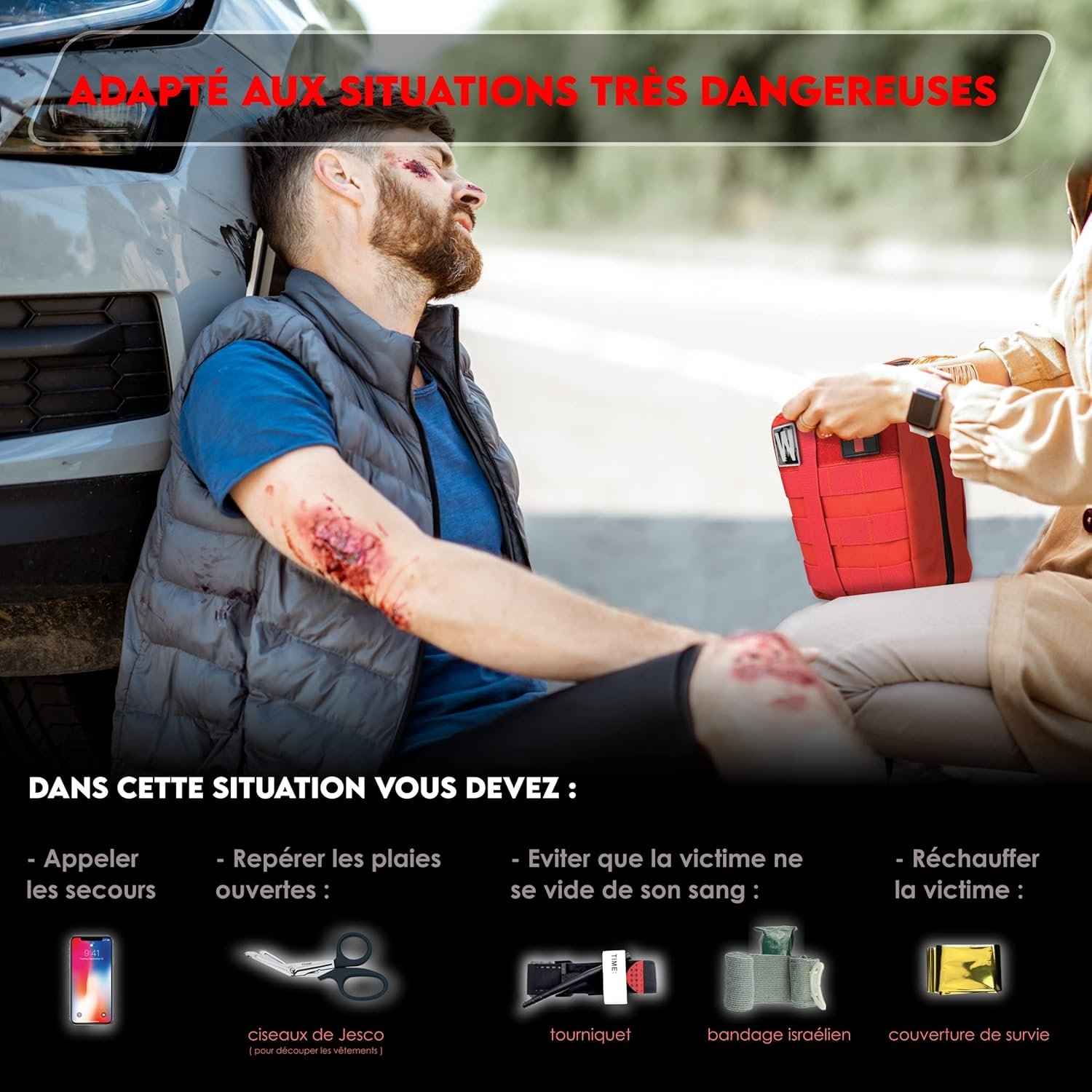 WONCROW | Trousse de Secours Complete + Matériel Inédit - Pharmacie de Voyage Randonnée Camping Voiture - Equipement Militaire Kit de Survie Couverture de Survie Aspire Venin Garot Tourniquet – Image 6