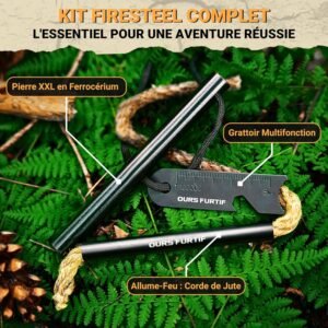 Kit Firesteel XXL – Pierre à Feu de Survie – Barre Magnésium Tendre de qualité 12mm – 20 000 utilisations – Amadou Inclus + Paracorde + Pochette – Accessoire Camping, Bushcraft, Randonnée