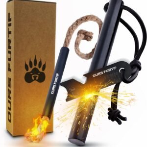 Kit Firesteel XXL – Pierre à Feu de Survie – Barre Magnésium Tendre de qualité 12mm – 20 000 utilisations – Amadou Inclus + Paracorde + Pochette – Accessoire Camping, Bushcraft, Randonnée