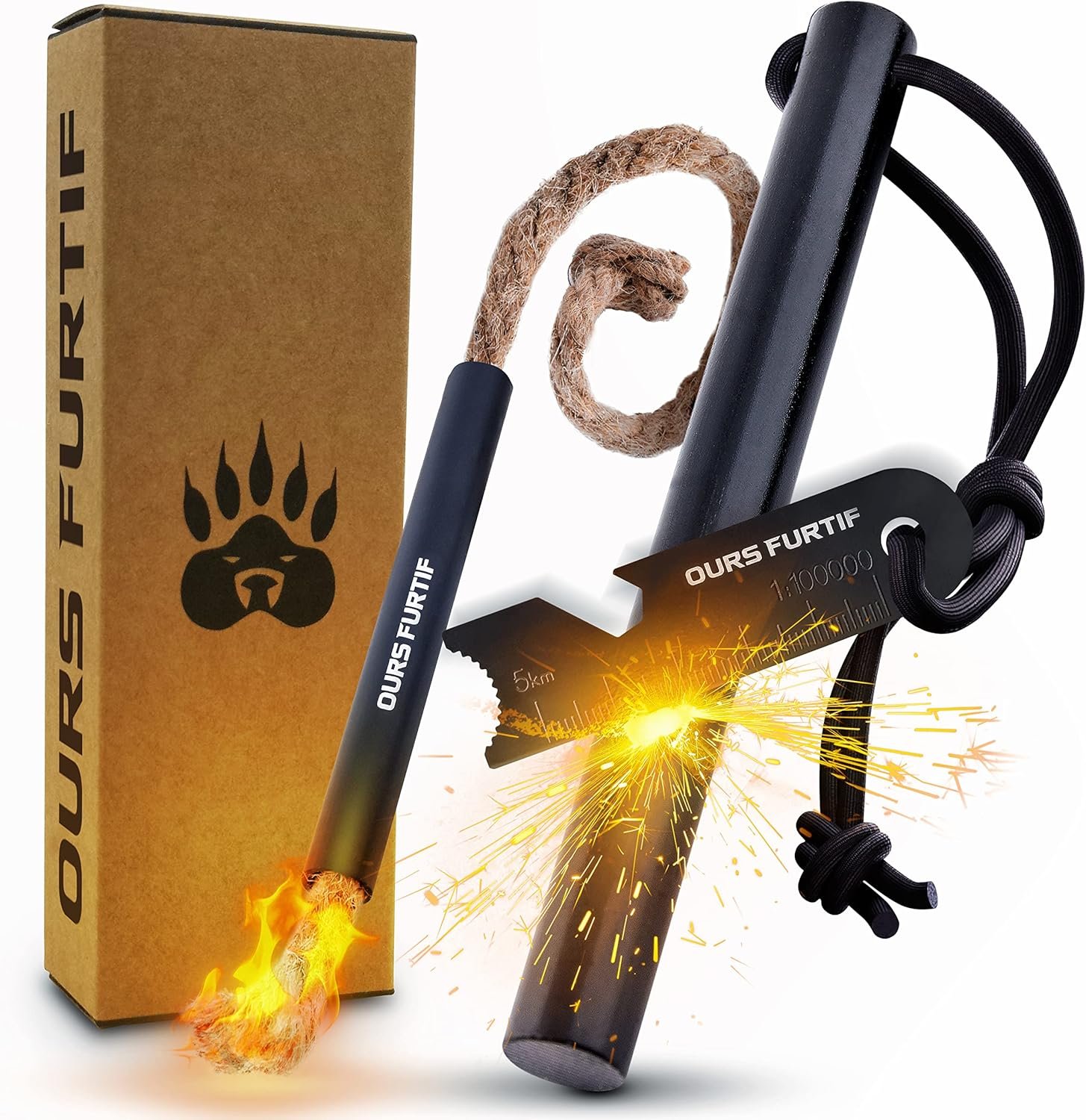 Kit Firesteel XXL - Pierre à Feu de Survie - Barre Magnésium Tendre de qualité 12mm - 20 000 utilisations - Amadou Inclus + Paracorde + Pochette - Accessoire Camping, Bushcraft, Randonnée