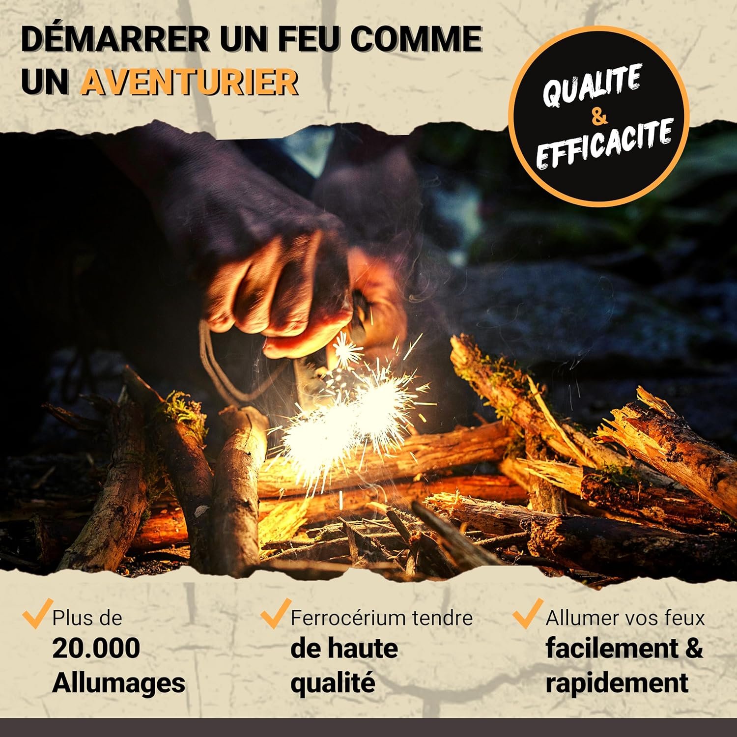 Kit Firesteel XXL - Pierre à Feu de Survie - Barre Magnésium Tendre de qualité 12mm - 20 000 utilisations - Amadou Inclus + Paracorde + Pochette - Accessoire Camping, Bushcraft, Randonnée – Image 6