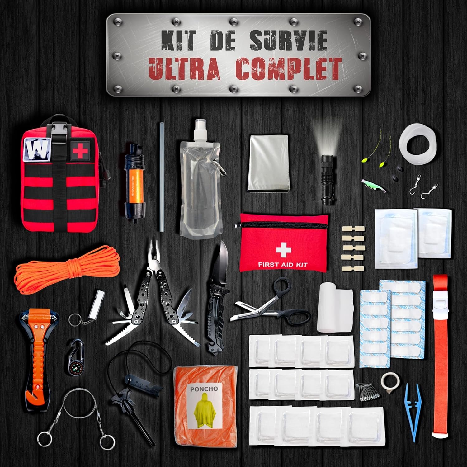 WONCROW | Kit de Survie Complète + Trousse de Secours + Paille Filtrante + Sac + Pierre Allume Feu Couverture Pince Multifonction Outils Accessoire Militaire Boite Gadget Premiers Soins Pêche – Image 2