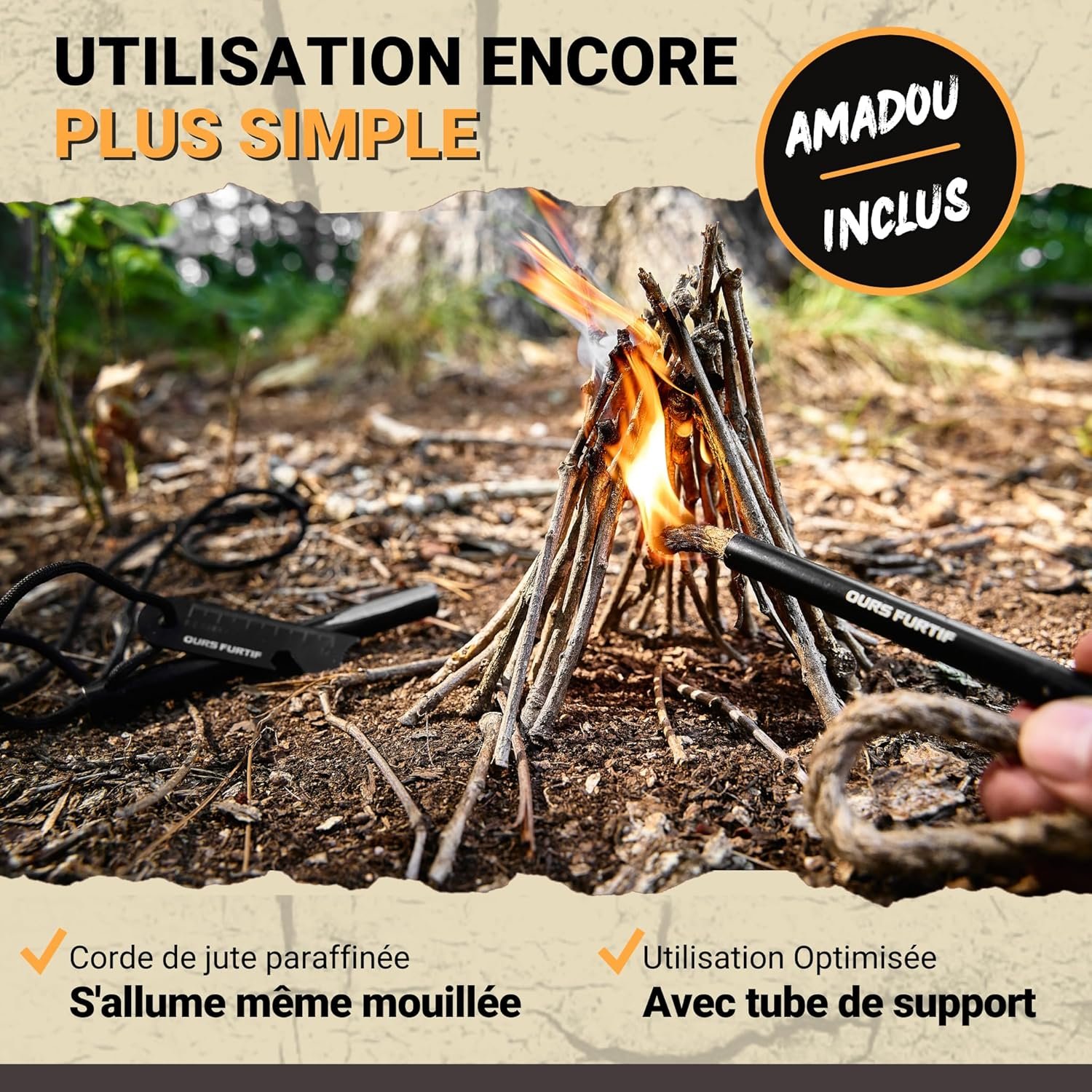 Kit Firesteel XXL - Pierre à Feu de Survie - Barre Magnésium Tendre de qualité 12mm - 20 000 utilisations - Amadou Inclus + Paracorde + Pochette - Accessoire Camping, Bushcraft, Randonnée – Image 3