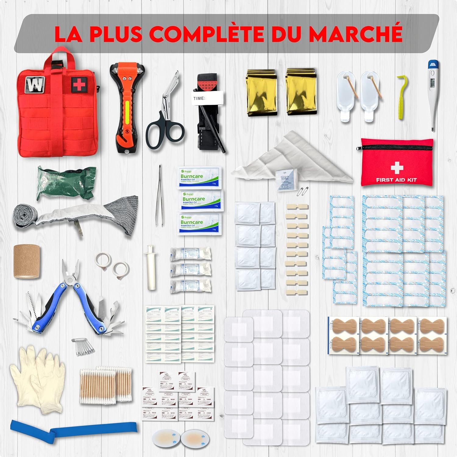 WONCROW | Trousse de Secours Complete + Matériel Inédit - Pharmacie de Voyage Randonnée Camping Voiture - Equipement Militaire Kit de Survie Couverture de Survie Aspire Venin Garot Tourniquet – Image 3