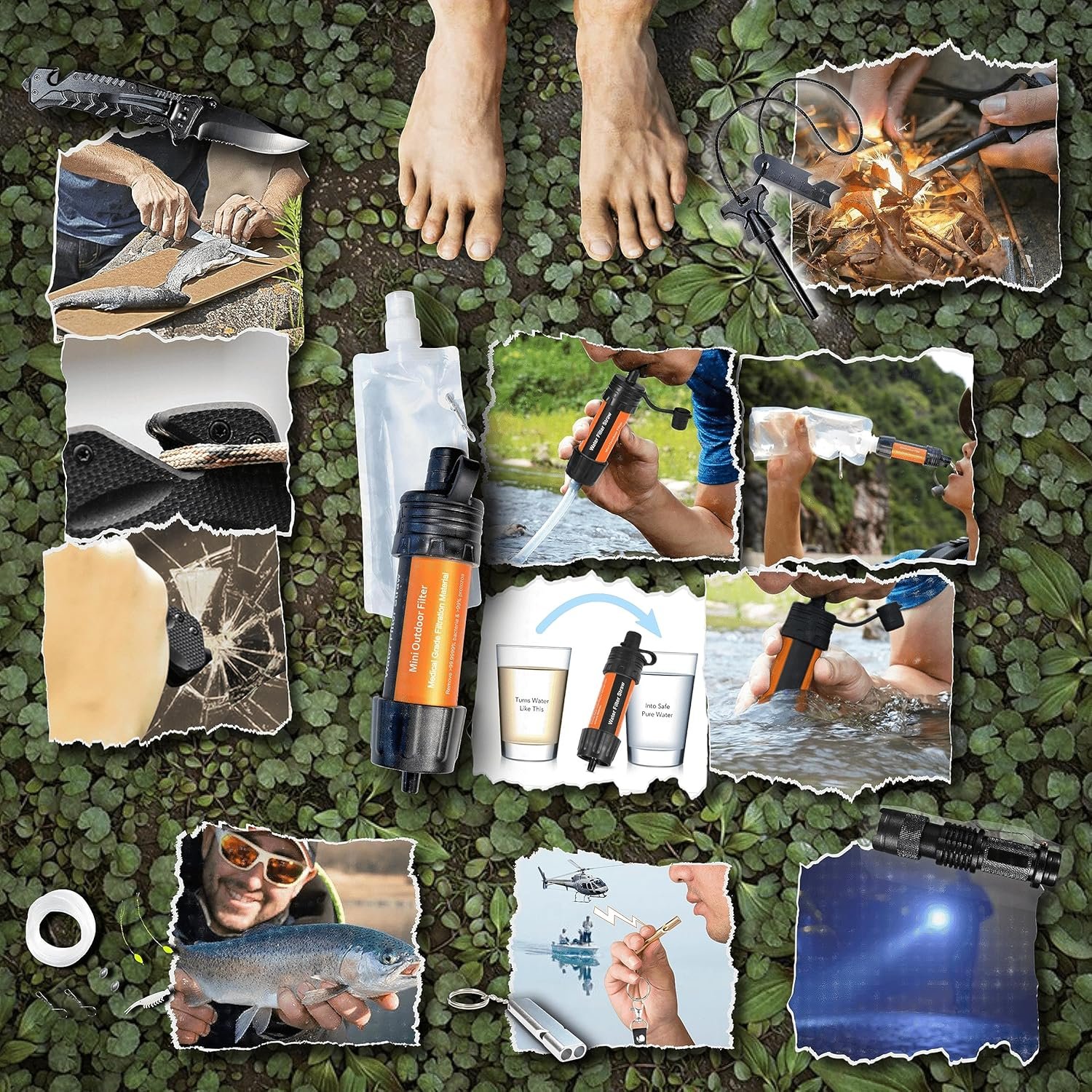 WONCROW | Kit de Survie Complète + Trousse de Secours + Paille Filtrante + Sac + Pierre Allume Feu Couverture Pince Multifonction Outils Accessoire Militaire Boite Gadget Premiers Soins Pêche – Image 4