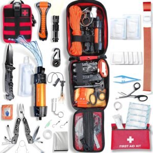 WONCROW | Kit de Survie Complète + Trousse de Secours + Paille Filtrante + Sac + Pierre Allume Feu Couverture Pince Multifonction Outils Accessoire Militaire Boite Gadget Premiers Soins Pêche