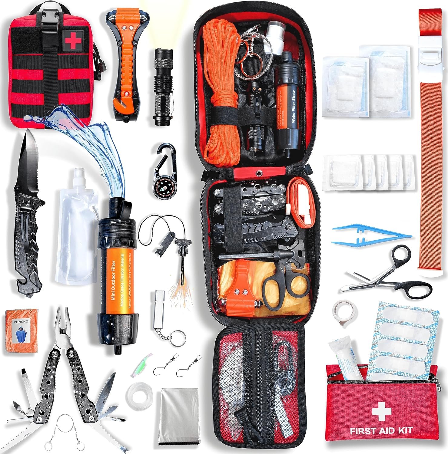 WONCROW | Kit de Survie Complète + Trousse de Secours + Paille Filtrante + Sac + Pierre Allume Feu Couverture Pince Multifonction Outils Accessoire Militaire Boite Gadget Premiers Soins Pêche